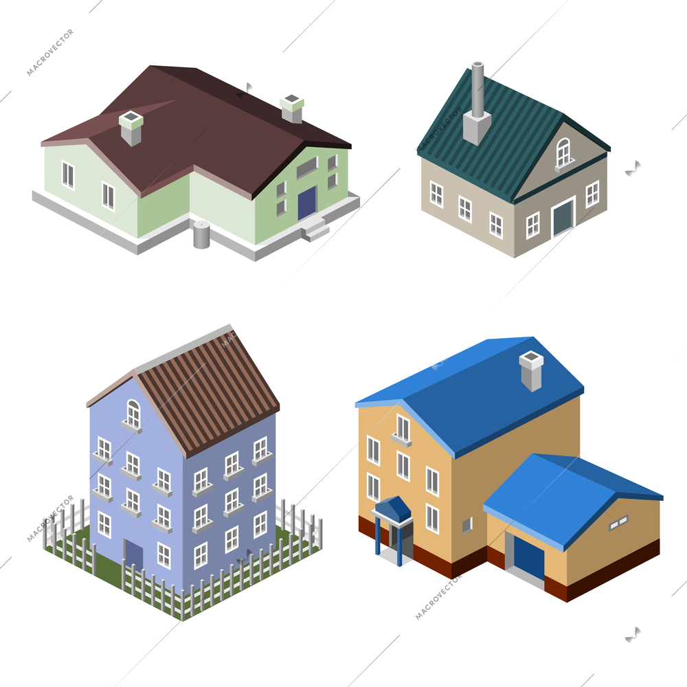 Residential house isometric buildings real estate decorative icons set isolated vector illustration