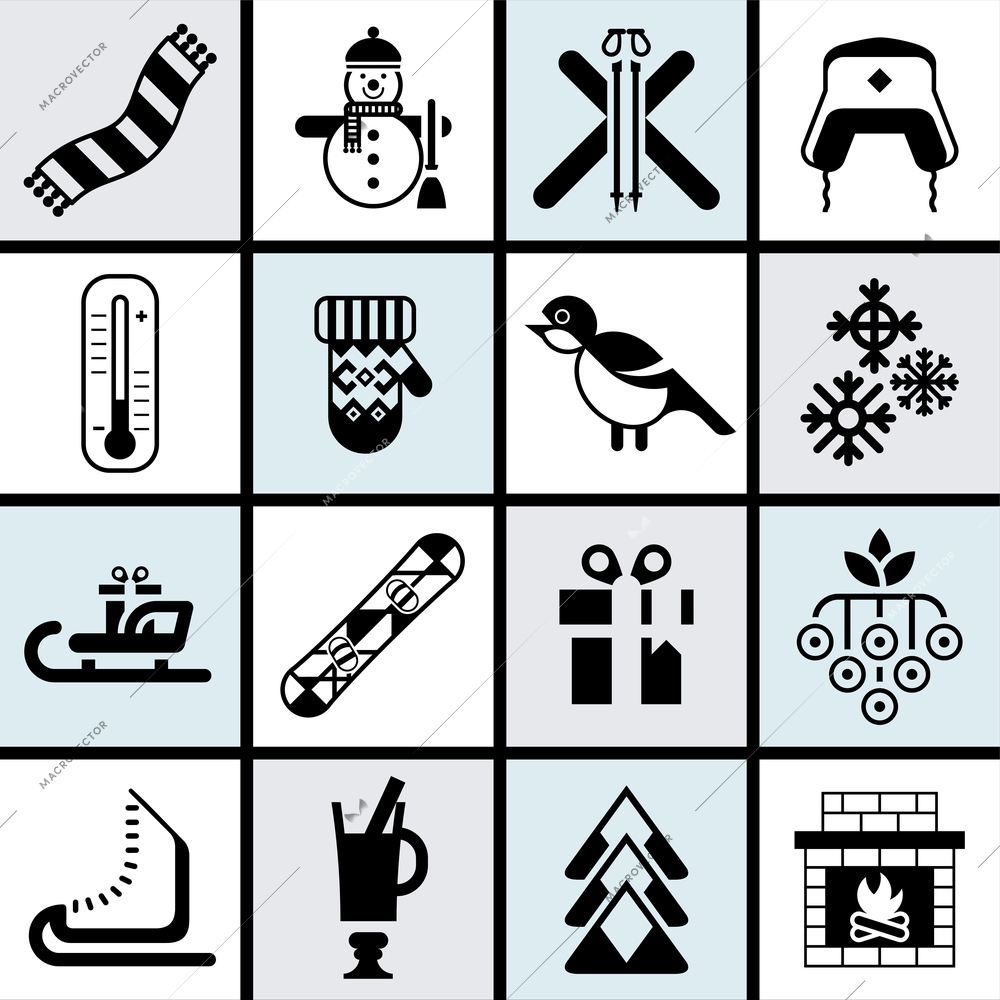 Winter icons set black with bullfinch, snowflake mittens fireplace isolated vector illustration.