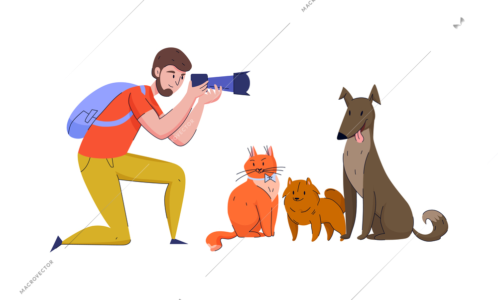 Animal shelter composition with isolated images of pets and doodle human characters vector illustration