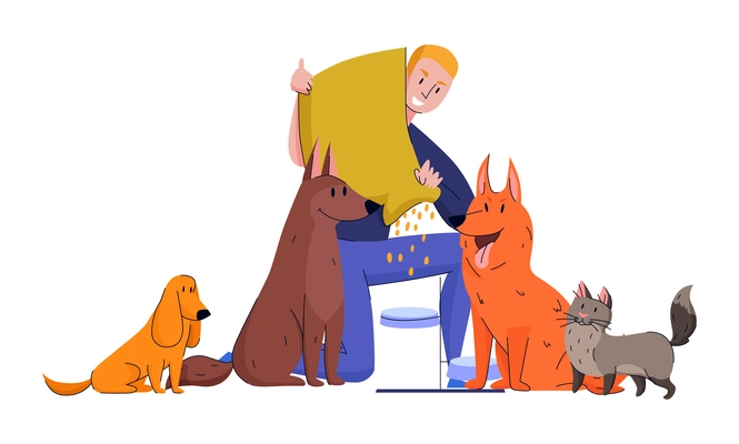 Animal shelter composition with isolated images of pets and doodle human characters vector illustration