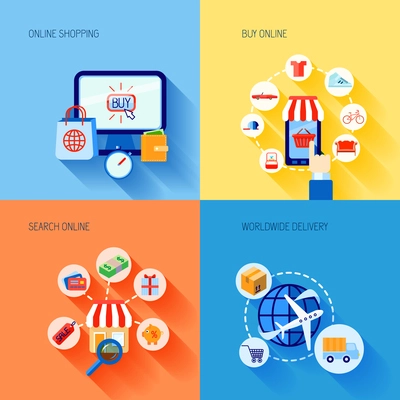 Online shopping buying e-commerce flat icons set with search worldwide delivery isolated vector illustration