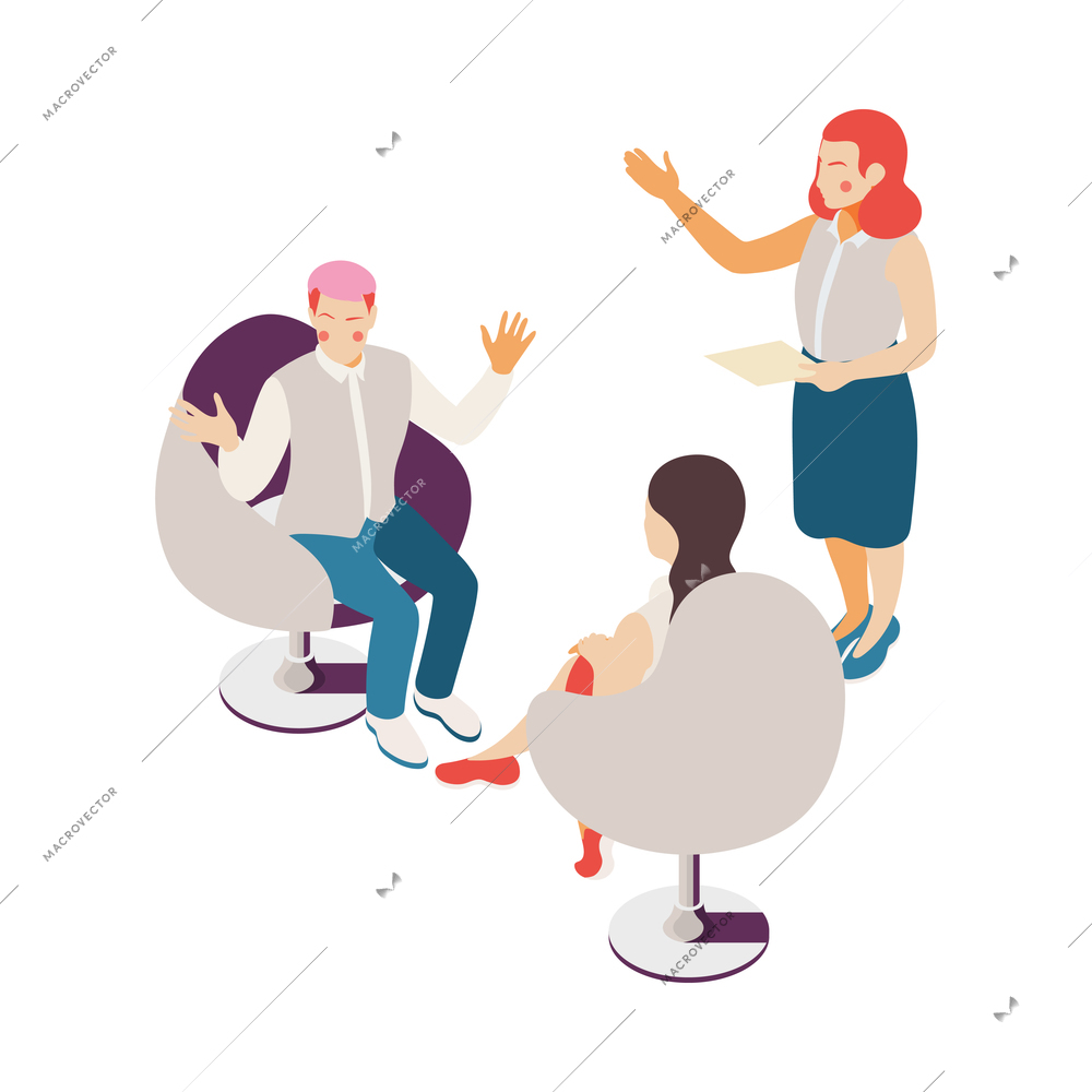 Talk show isometric composition with human characters of tv program participant on blank background vector illustration