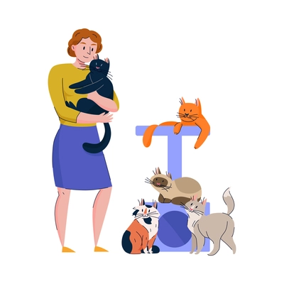 Animal shelter composition with isolated images of pets and doodle human characters vector illustration