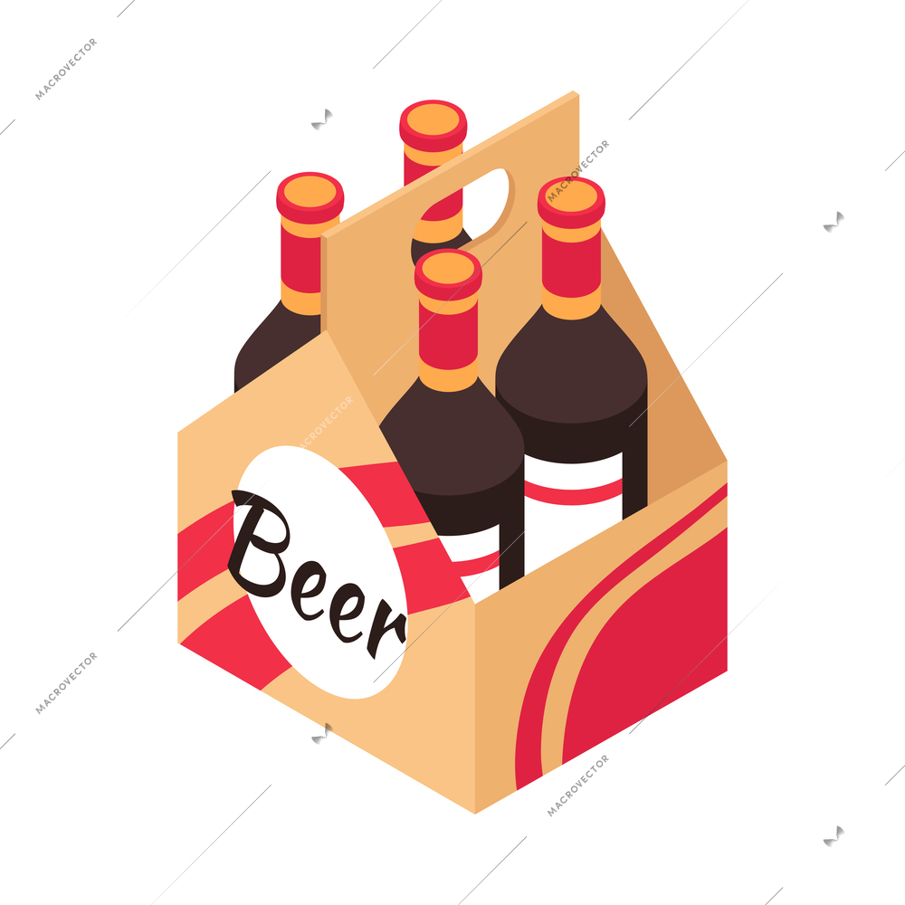 Isometric bbq barbecue grill party composition with isolated image of beer in branded four pack vector illustration