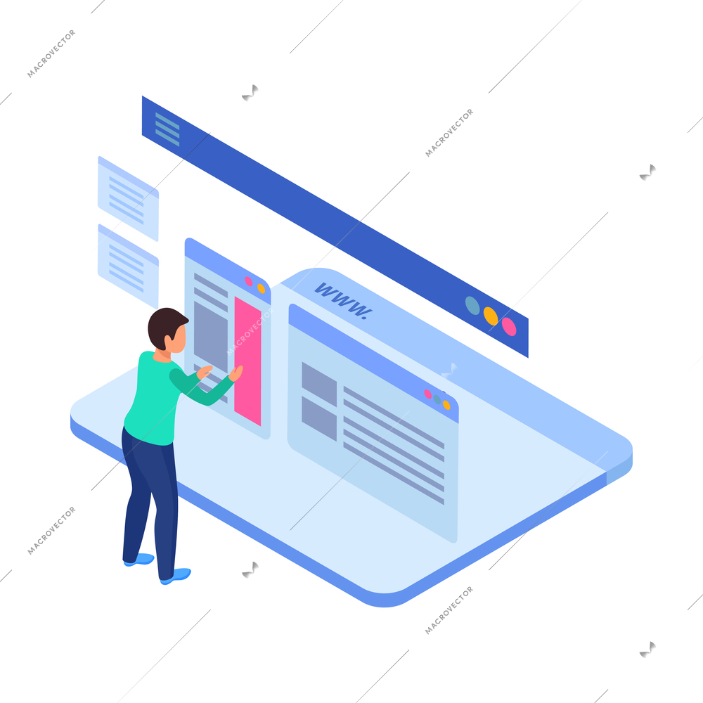 Web development isometric concept composition with structure elements and developer character vector illustration