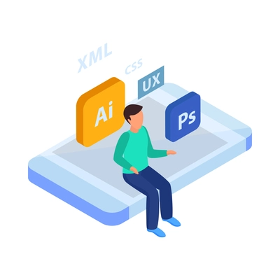 Web development isometric concept composition with structure elements and developer character vector illustration