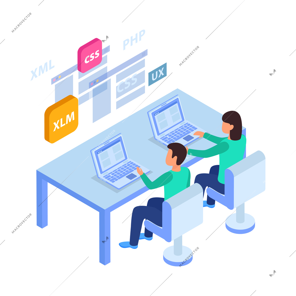 Web development isometric concept composition with structure elements and developer character vector illustration