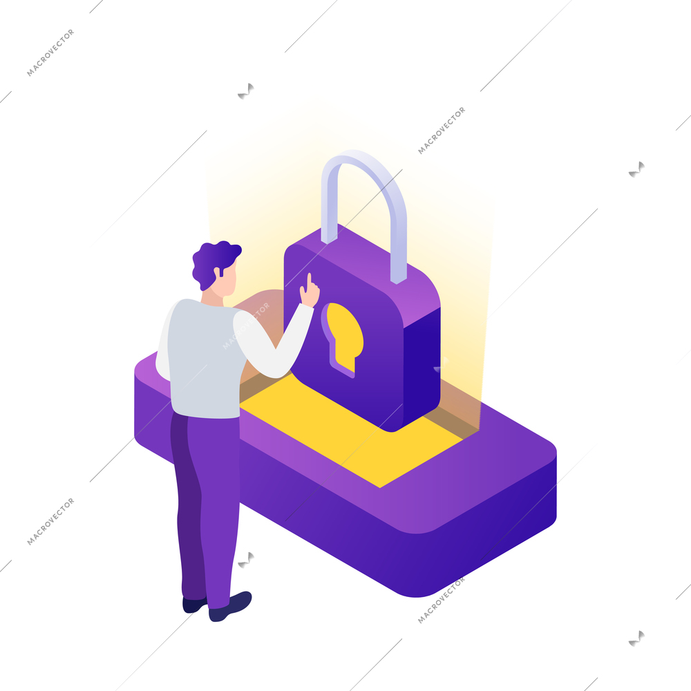 Datacenter isometric composition with human character and concept icons of network infrastructure vector illustration