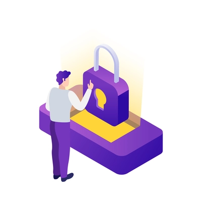 Datacenter isometric composition with human character and concept icons of network infrastructure vector illustration