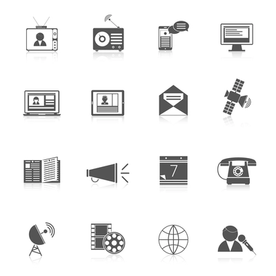 Media icons black set of communications blog broadcasting isolated vector illustration