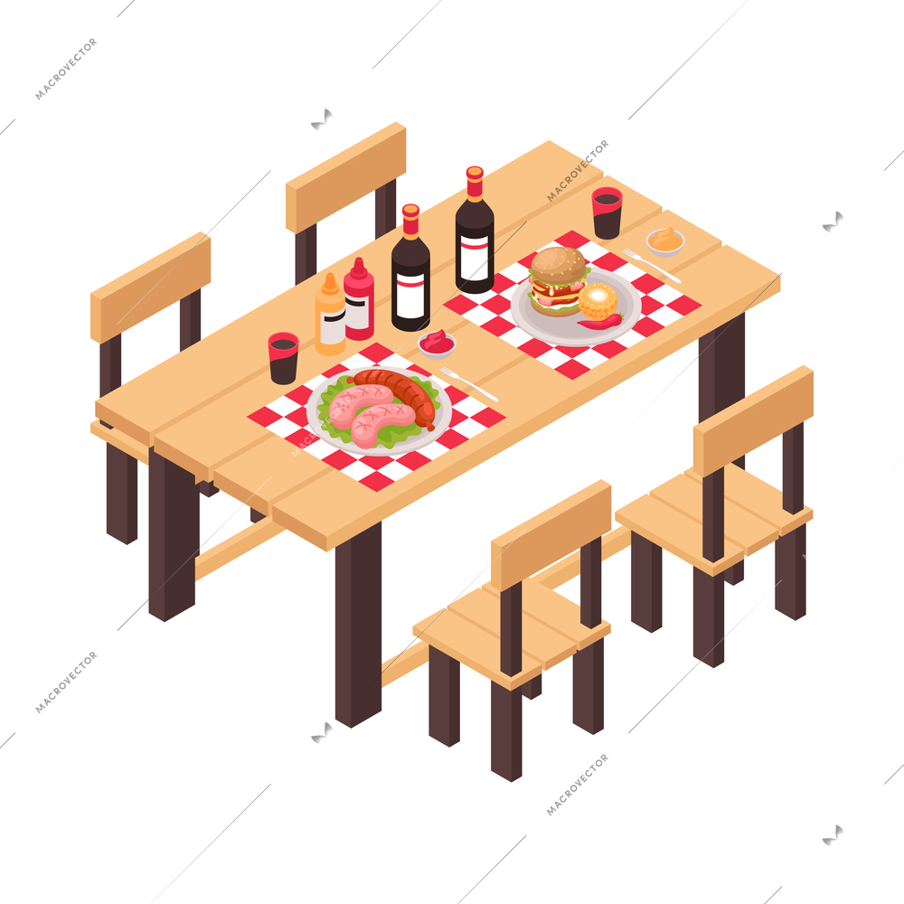 Isometric bbq barbecue grill party composition with isolated view of served table vector illustration