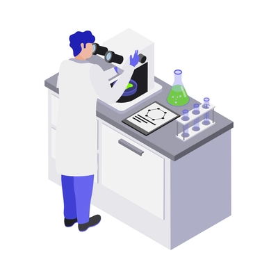 Gmo bio engineering isometric composition with human character of scientist in lab environment vector illustration