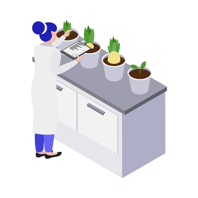 Gmo bio engineering isometric composition with human character of scientist in lab environment vector illustration