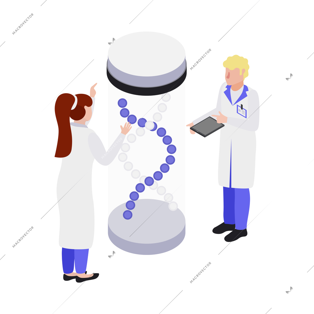 Gmo bio engineering isometric composition with human character of scientist in lab environment vector illustration