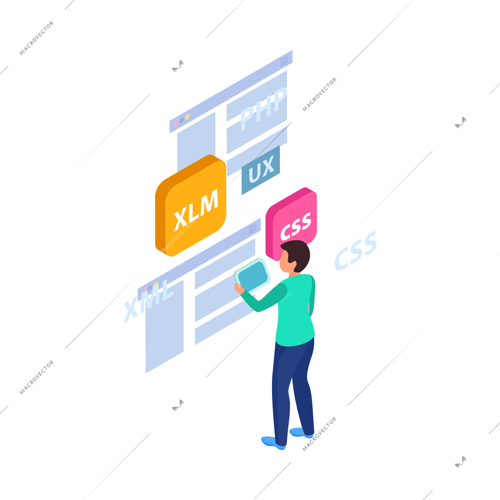 Web development isometric concept composition with structure elements and developer character vector illustration