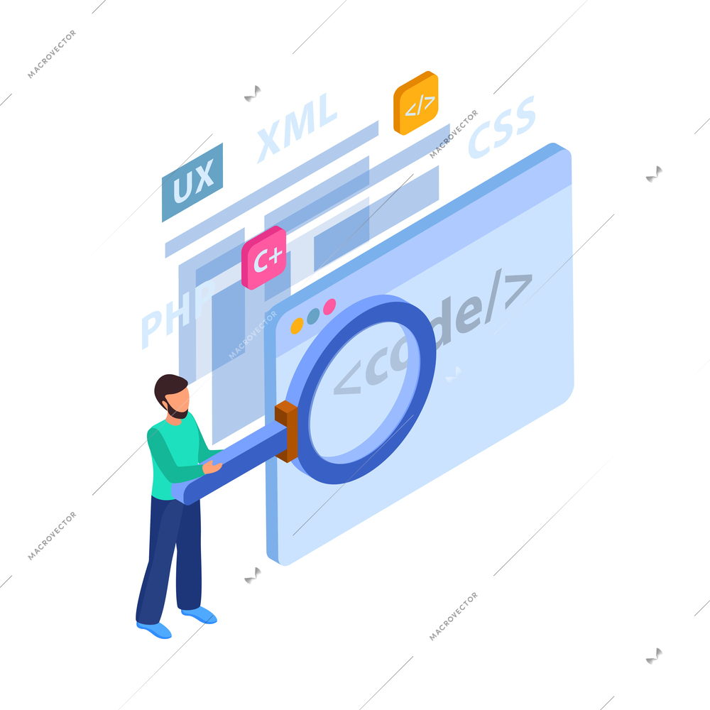 Web development isometric concept composition with structure elements and developer character vector illustration