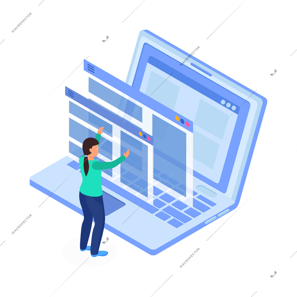 Web development isometric concept composition with structure elements and developer character vector illustration