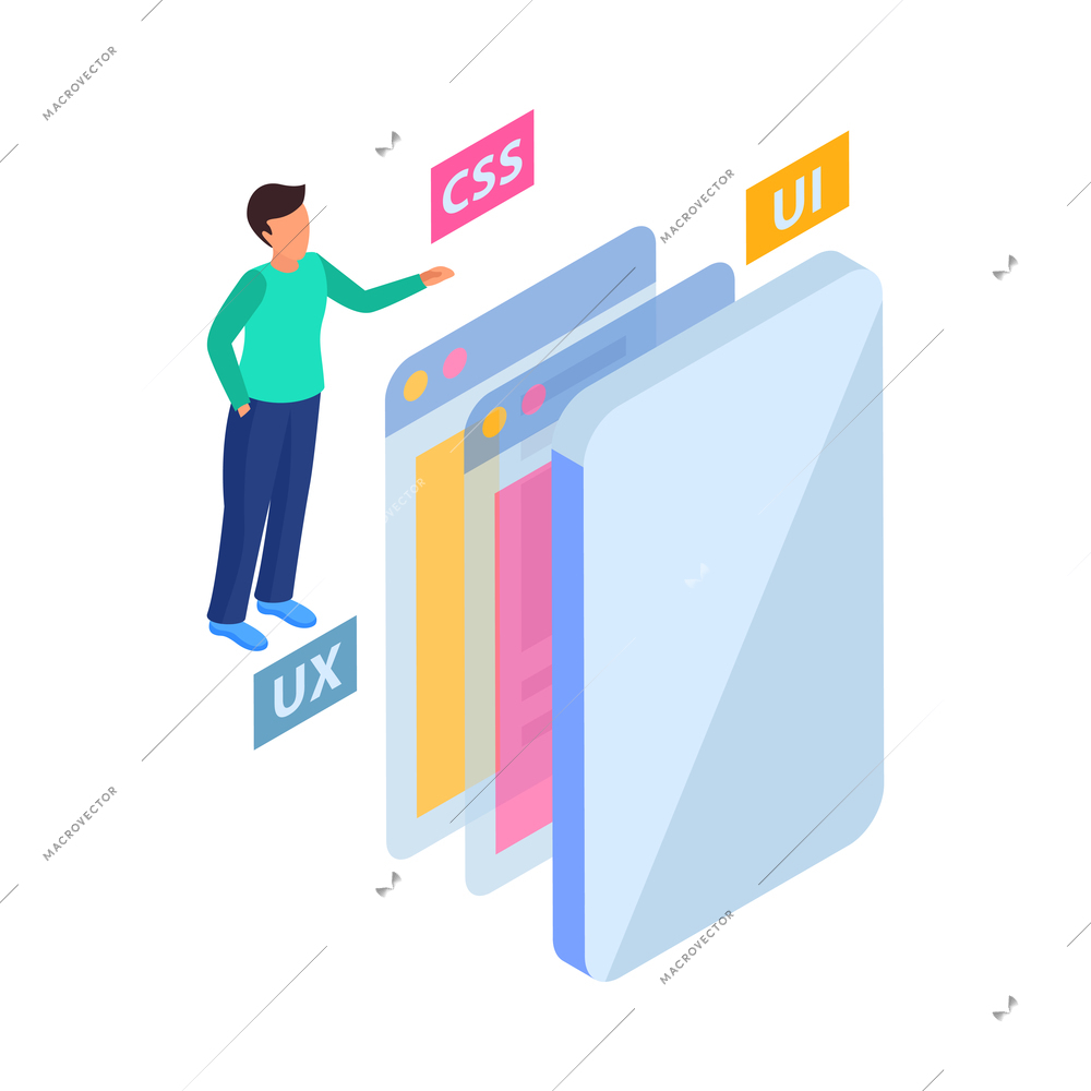 Web development isometric concept composition with structure elements and developer character vector illustration