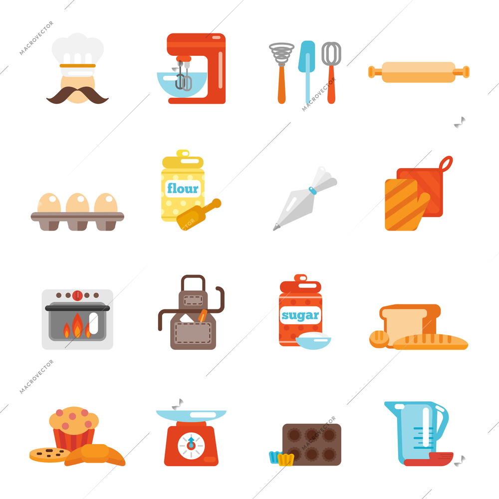 Bakery icon flat set with bread cakes flour pastry isolated vector illustration