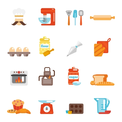 Bakery icon flat set with bread cakes flour pastry isolated vector illustration