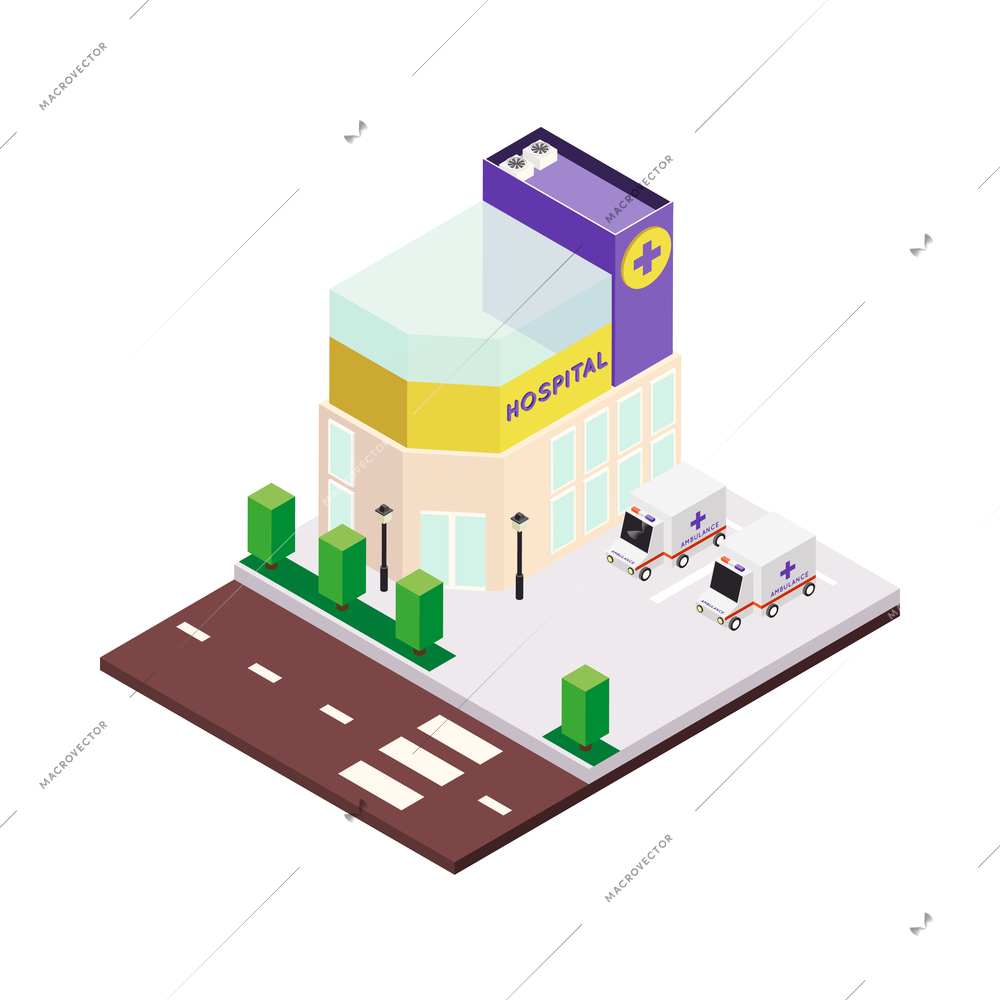 Modern city architecture isometric buildings composition with platform piece of street pavement and house vector illustration