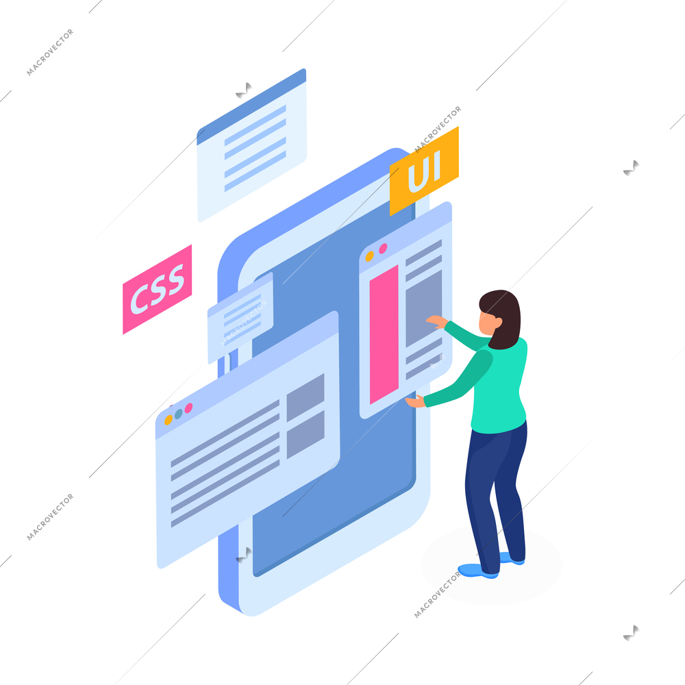 Web development isometric concept composition with structure elements and developer character vector illustration