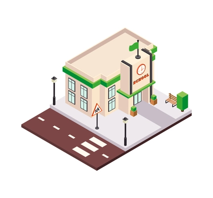 Modern city architecture isometric buildings composition with platform piece of street pavement and house vector illustration