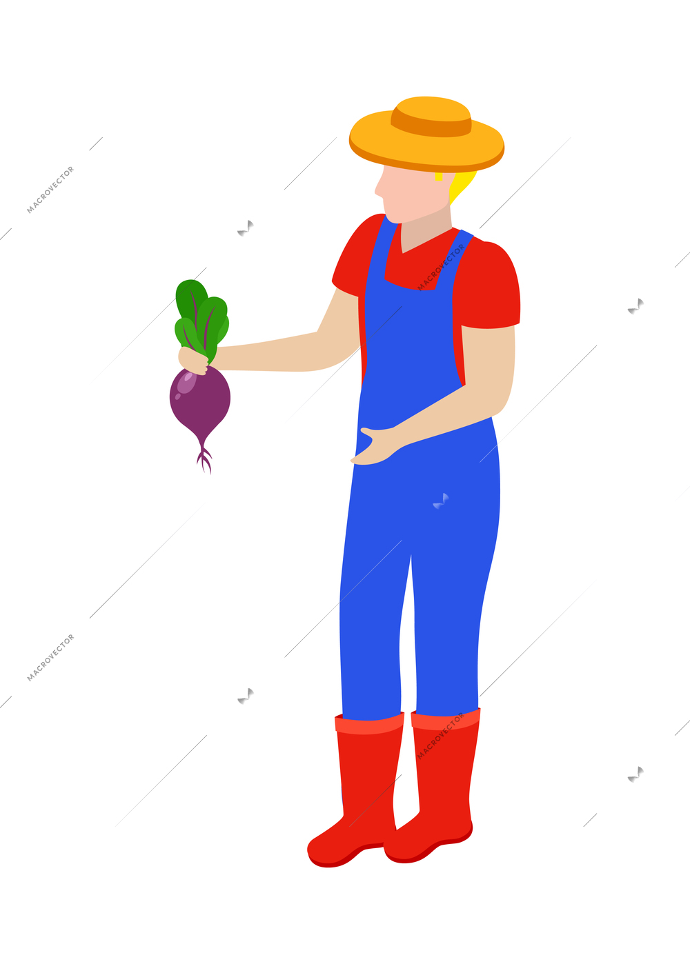 Farm local market isometric composition with isolated human character holding fresh vegetable vector illustration