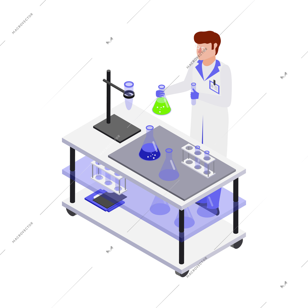 Gmo bio engineering isometric composition with human character of scientist in lab environment vector illustration