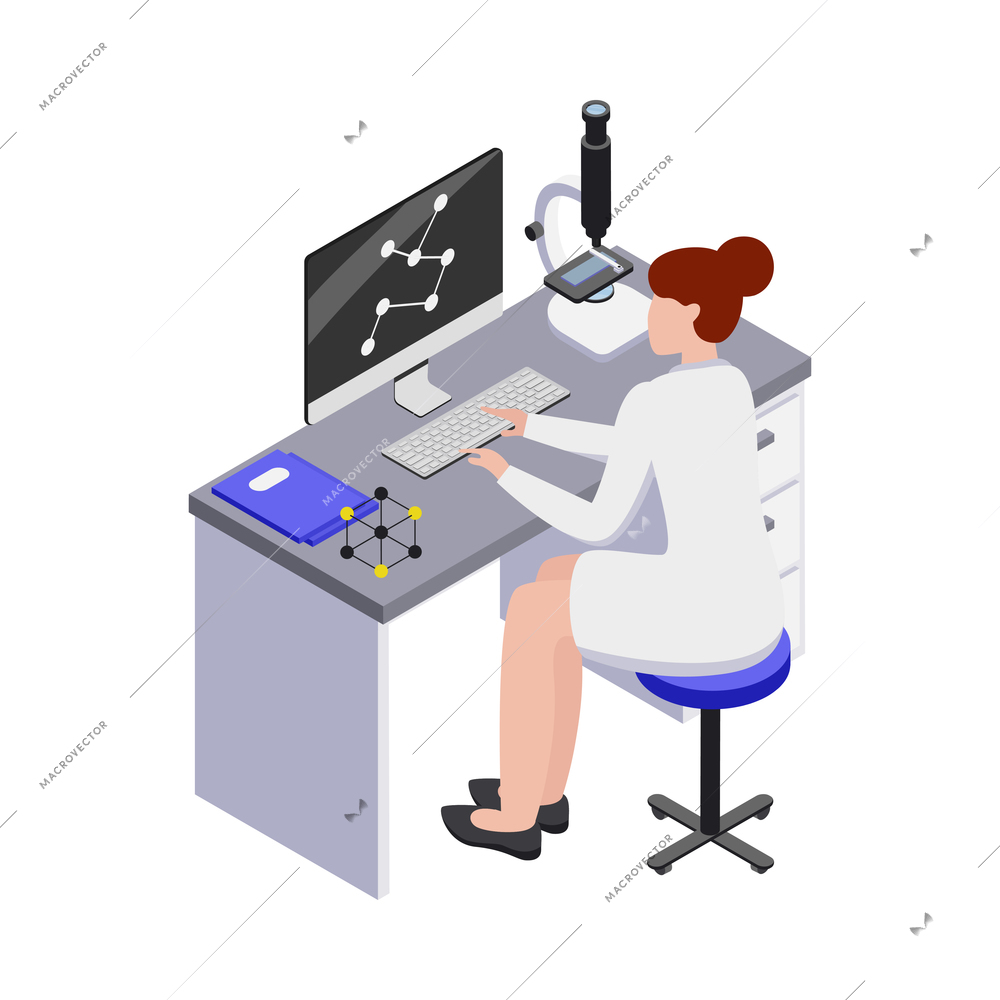 Gmo bio engineering isometric composition with human character of scientist in lab environment vector illustration