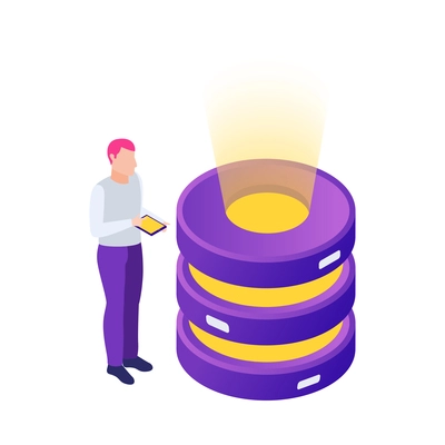 Datacenter isometric composition with human character and concept icons of network infrastructure vector illustration