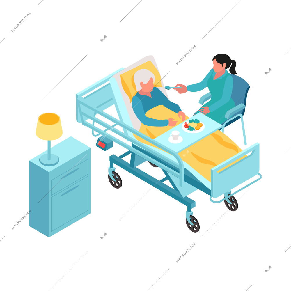 Isometric nursing home composition with isolated human characters of assistants with elderly persons vector illustration