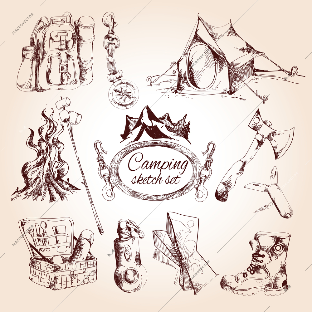 Camping sketch set with tent campfire tourist map isolated vector illustration
