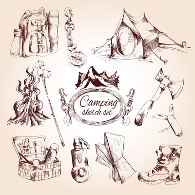 Camping sketch set with tent campfire tourist map isolated vector illustration