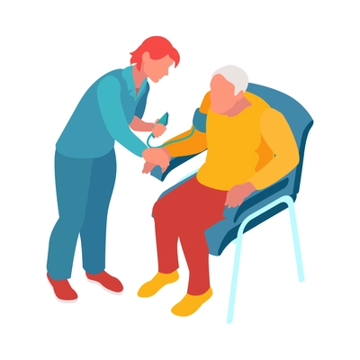 Isometric nursing home composition with isolated human characters of assistants with elderly persons vector illustration