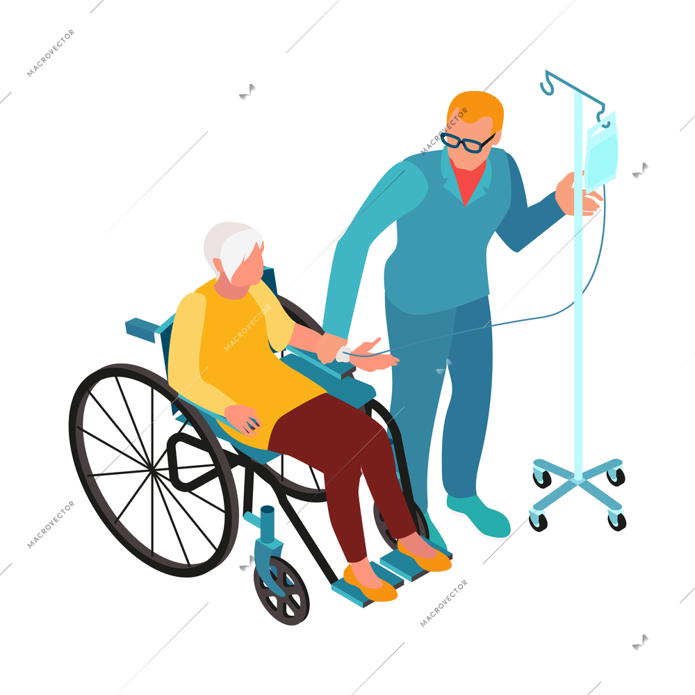 Isometric nursing home composition with isolated human characters of assistants with elderly persons vector illustration