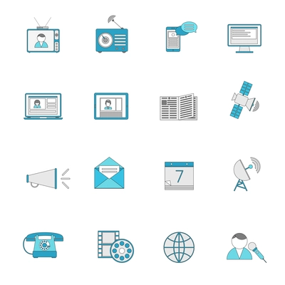 Media communication icons flat line set of posting shooting social broadcasting isolated vector illustration.