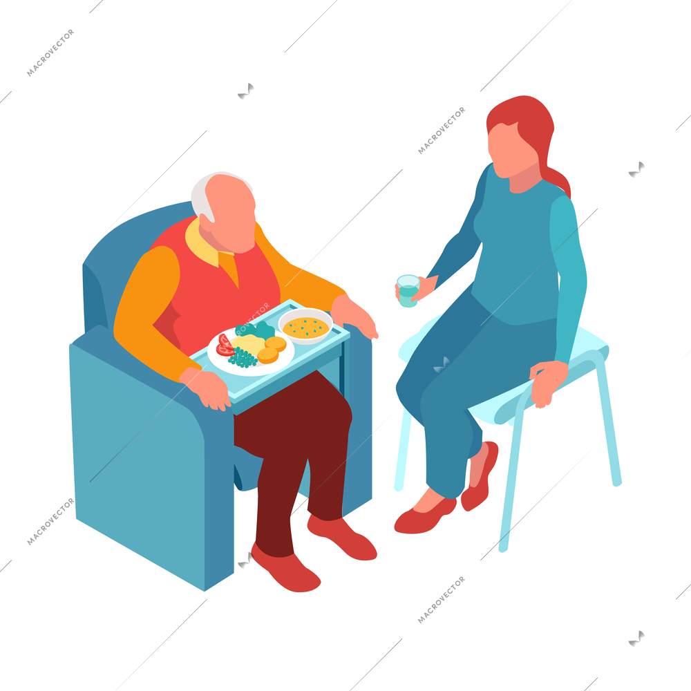 Isometric nursing home composition with isolated human characters of assistants with elderly persons vector illustration