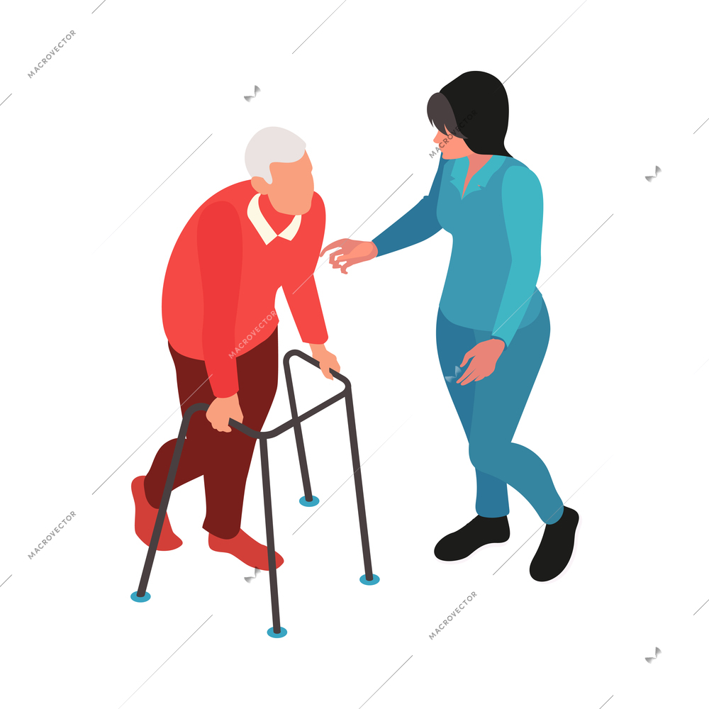 Isometric nursing home composition with isolated human characters of assistants with elderly persons vector illustration