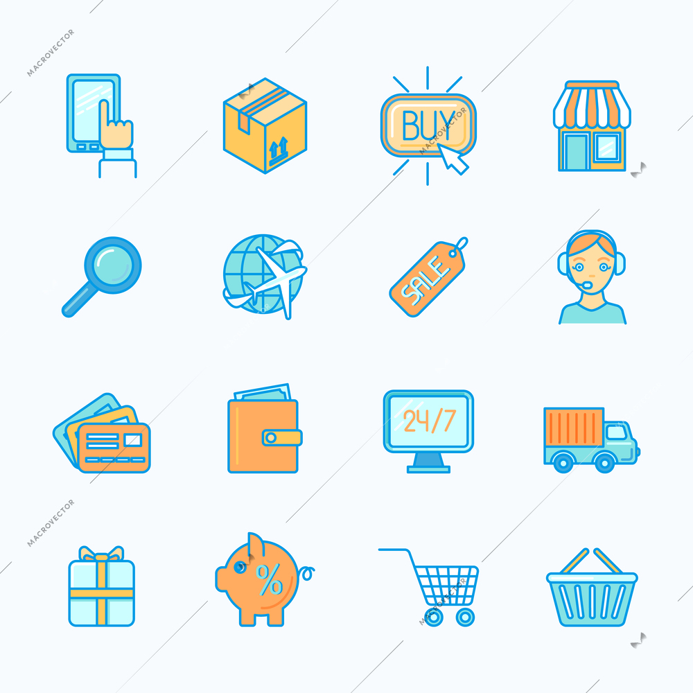 Online shopping internet retail e-commerce flat line icons set isolated vector illustration