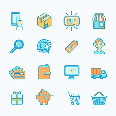 Online shopping internet retail e-commerce flat line icons set isolated vector illustration