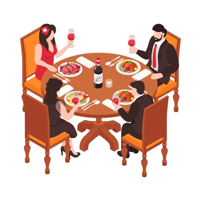 Isometric restaurant composition with isolated human characters of guests at table vector illustration