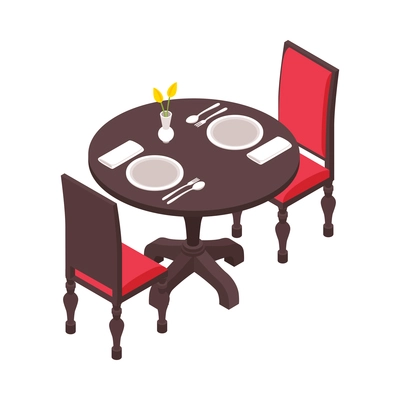 Isometric restaurant composition with isolated view of seats wooden table with chairs vector illustration