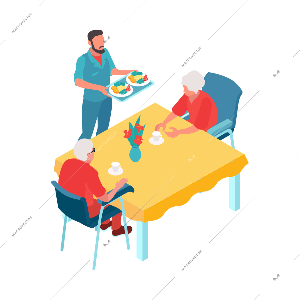 Isometric nursing home composition with isolated human characters of assistants with elderly persons vector illustration