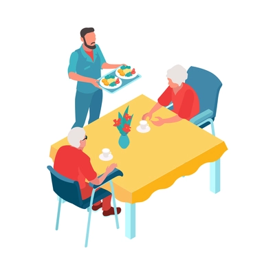 Isometric nursing home composition with isolated human characters of assistants with elderly persons vector illustration