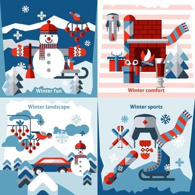 Winter flat icons set with sports comfort fun landscape isolated vector illustration