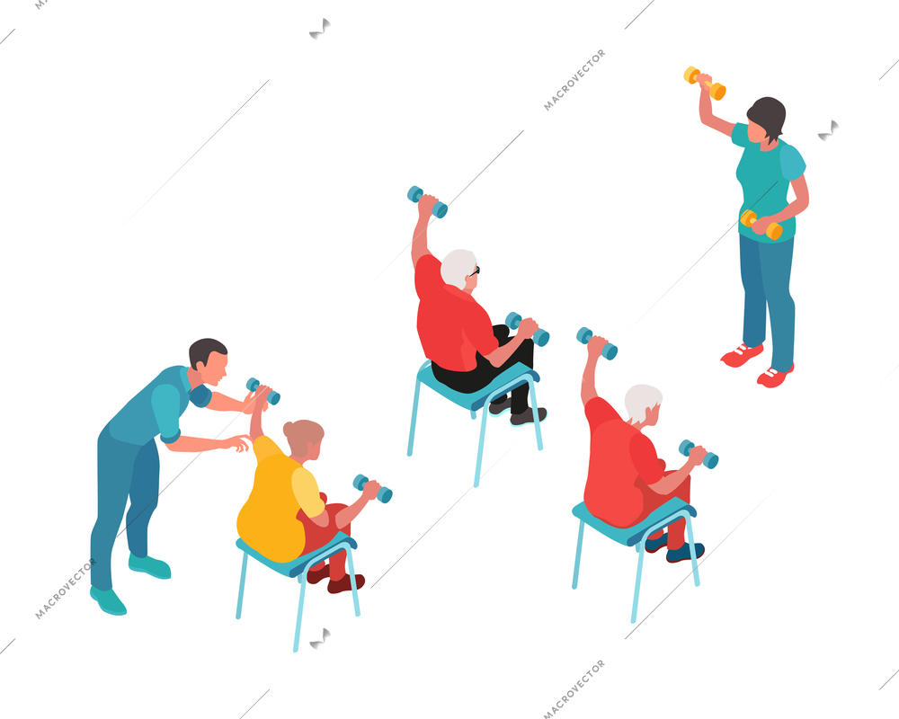 Isometric nursing home composition with isolated human characters of assistants with elderly persons vector illustration