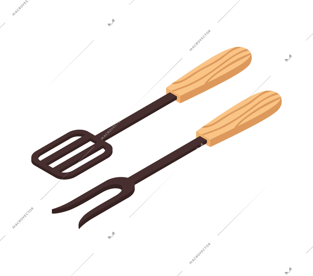 Isometric bbq barbecue grill party composition with isolated images of fork and flipper vector illustration