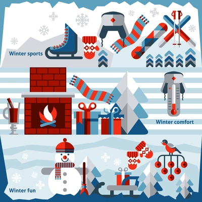 Winter holidays banner set with sports comfort fun isolated vector illustration