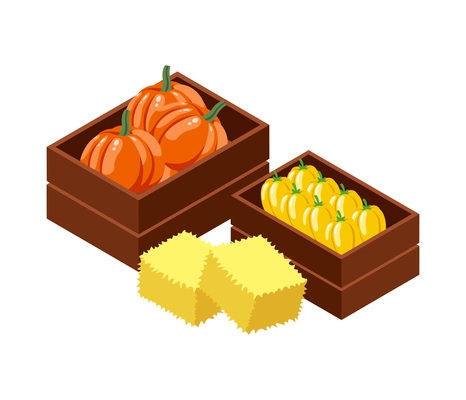 Farm local market isometric composition with isolated view of wooden boxes with vegetables vector illustration